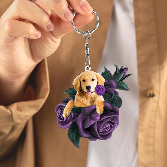 Golden Retriever In Purple Rose Acrylic Keychain PR037